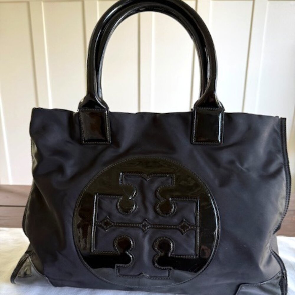 Tory Burch Black Patent Leather & Nylon Ella Tote (Large)